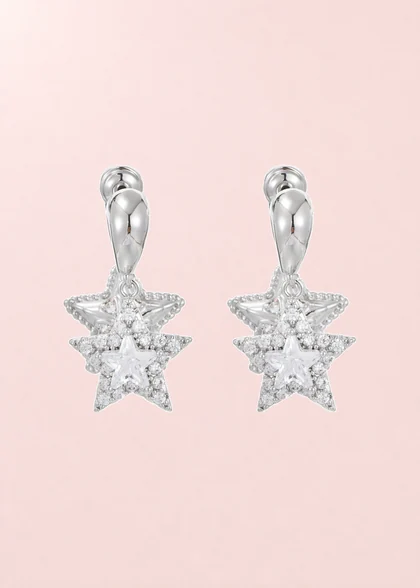 Pair of Double Star earrings, shown on their composite pink background