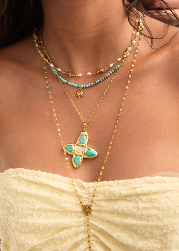 Sun In Blue Turquoise – Halskette mit Sonnenmotiv in Goldoptik – weitere Ansicht