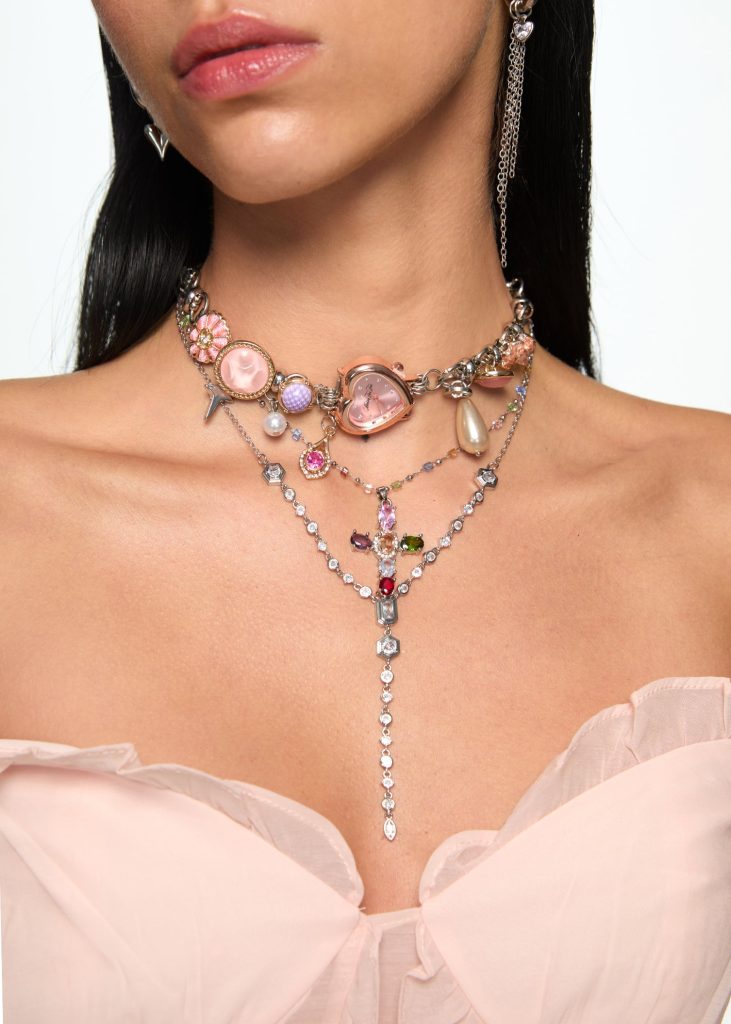 Geraldine Colorful Crystal Cross Silver Necklace — alternate view