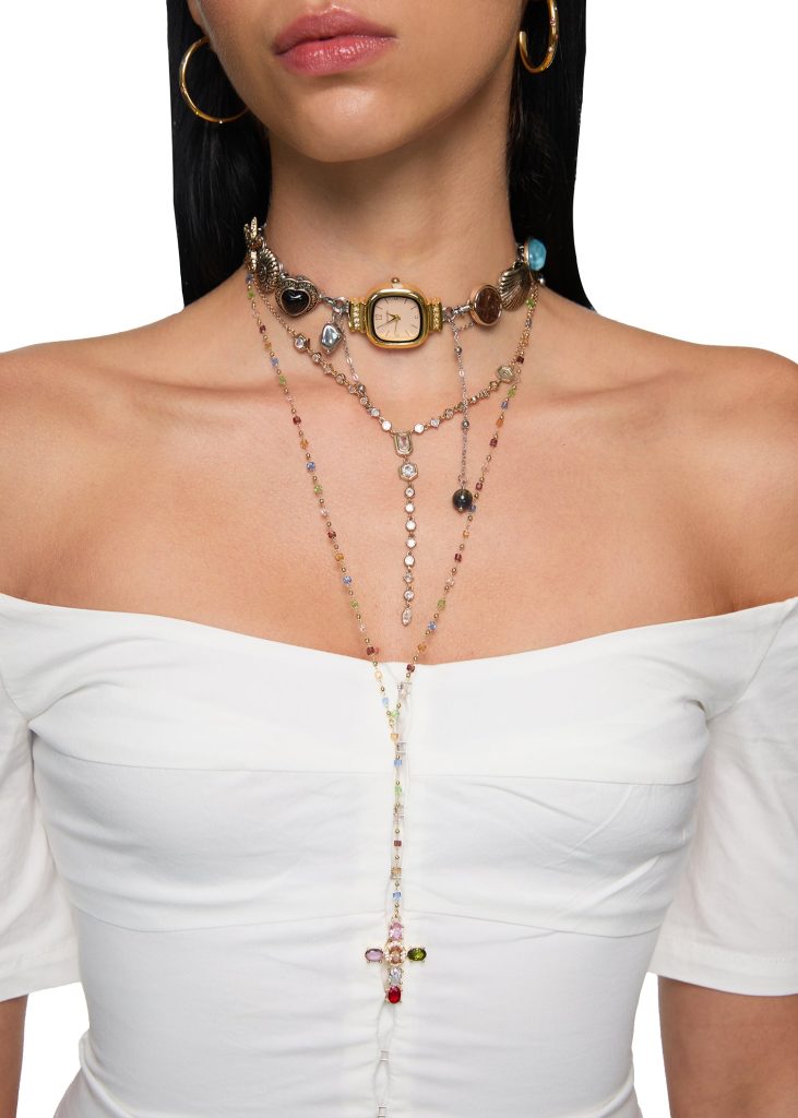 Geraldine Colorful Crystal Cross Lariat Necklace — alternate view
