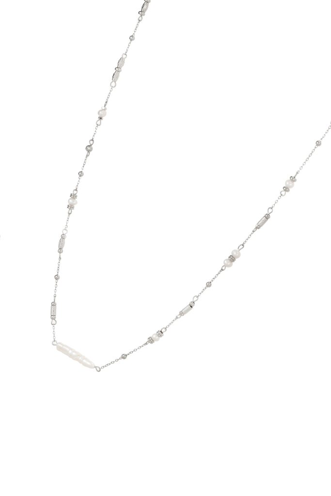 Boho Pearl Long Chain Silver Necklace — alternate view