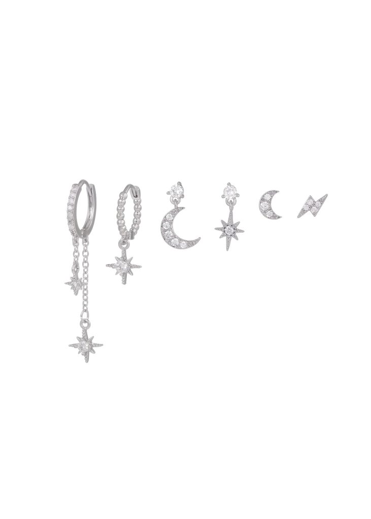 Petit Cosmos – Ohrring-Set mit Sternen, Mond und Creolenform – weitere Ansicht