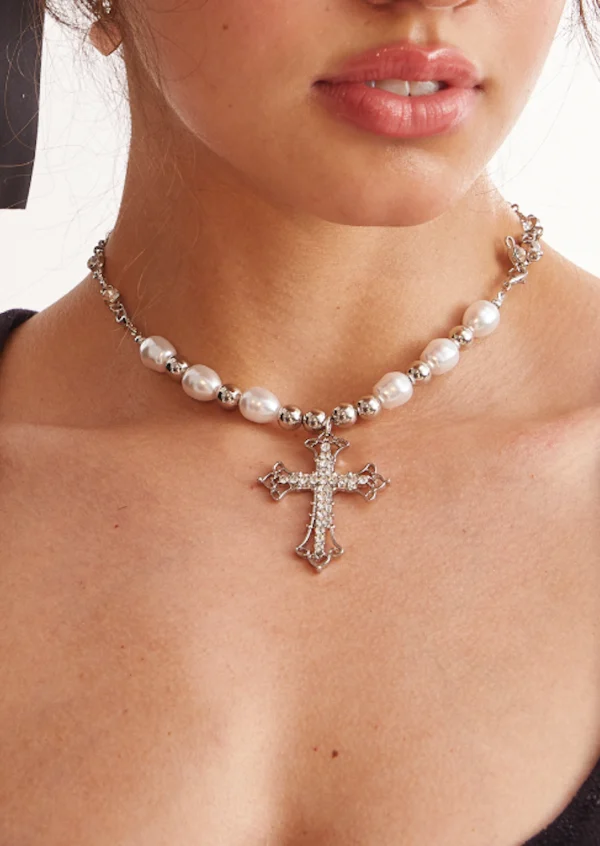 Vintage Pearl Cross Necklace — alternate view