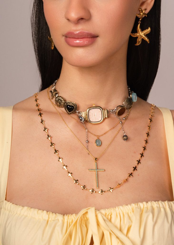 Charline Blue Turquoise Fine Cross Golden Necklace — alternate view