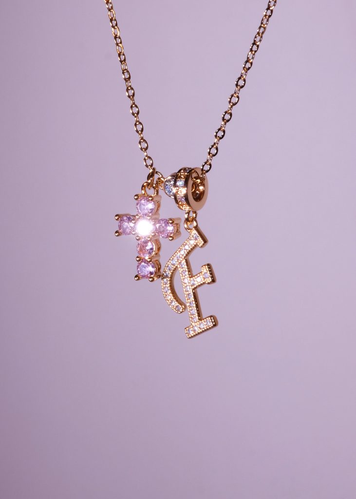 Pink Cross Alphabets Necklace - Golden — alternate view