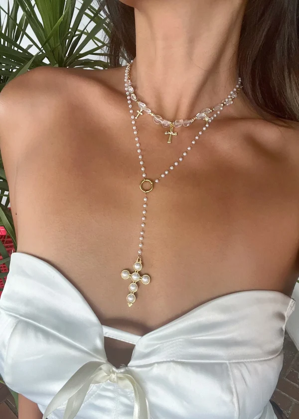 Marvin Pearl Cross Lariat Golden Necklace — alternate view
