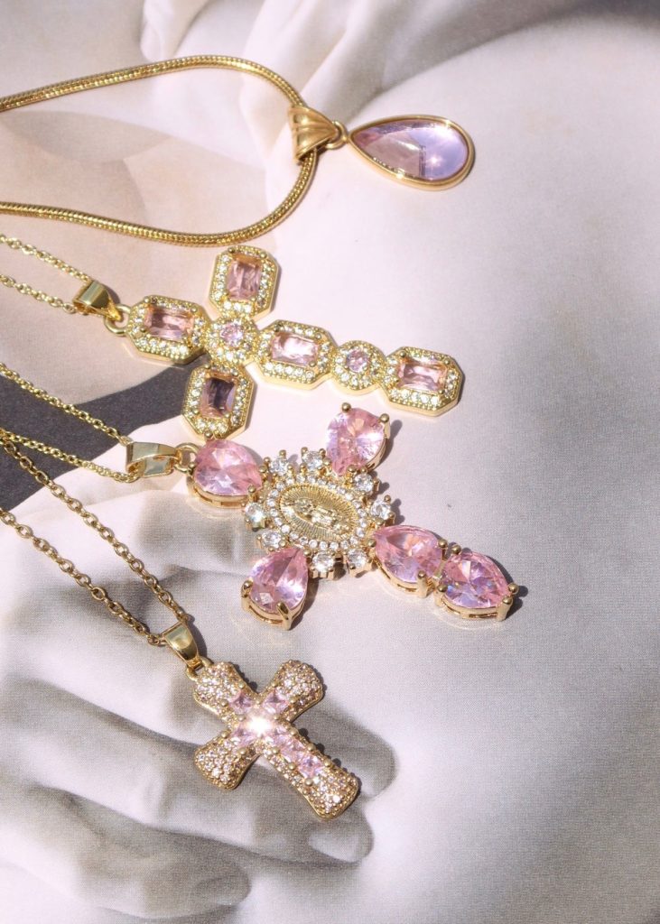 Luana Pink Cross Golden Necklace — alternate view
