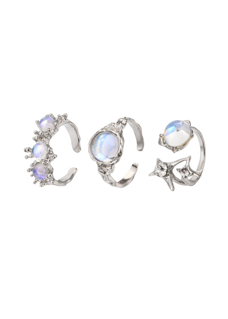 Weiteres Produktfoto 2: Trio Vic Moonstone – Ring-Set in Silberoptik mit Natursteinakzenten