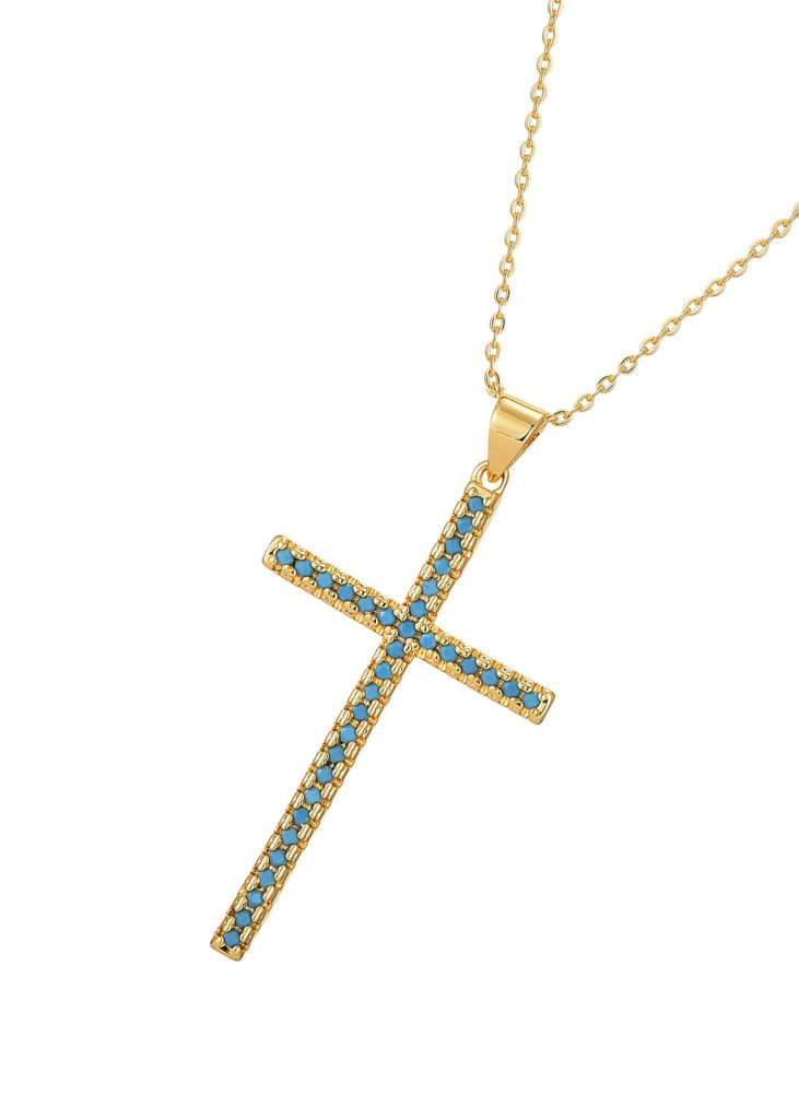 Weiteres Produktfoto 2: Charline Blue Turquoise Fine Cross – Halskette mit Kreuz und blauen Natursteinen in Goldoptik