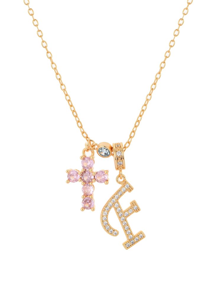 Pink Cross Alphabets Necklace - Golden product photo