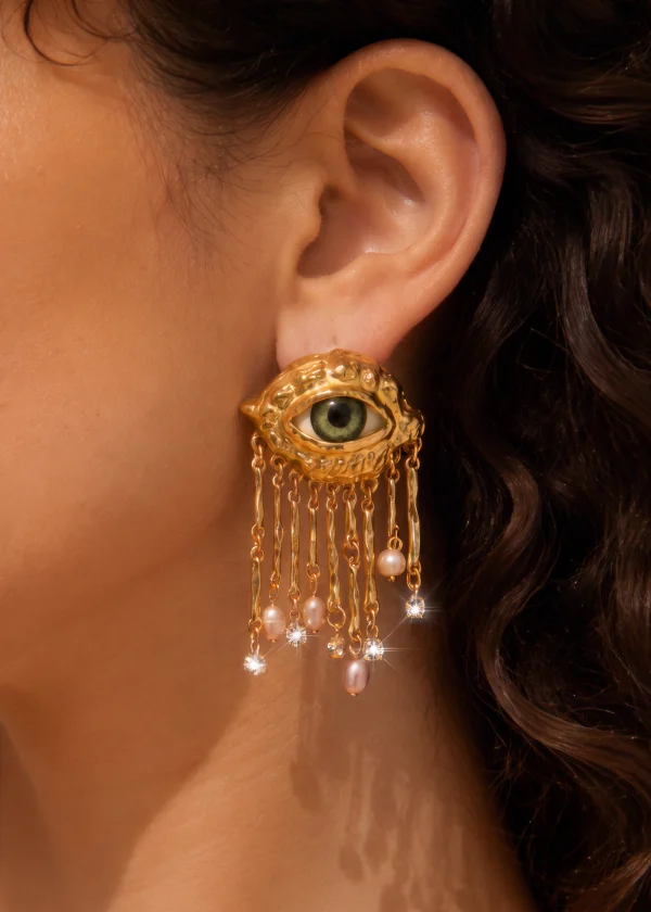 Crying Out Pearls Golden Eyes Earrings — alternate view