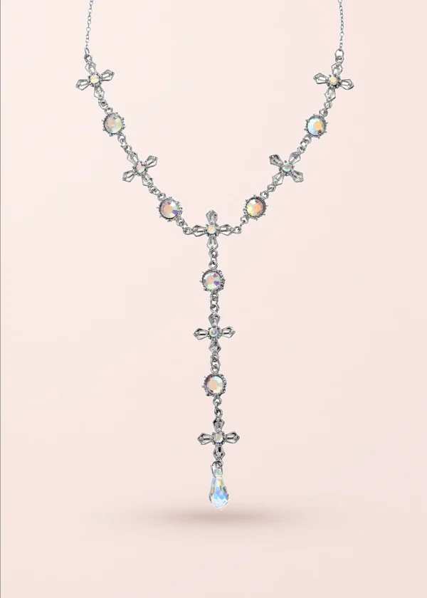 Meer Glittering Cross Silver Lariat Necklace