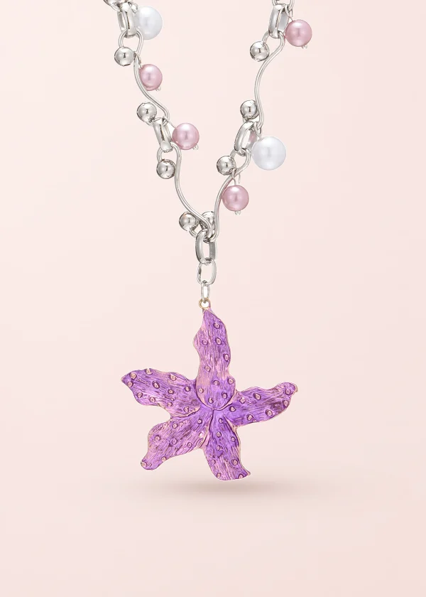 Beatrice By The Sea Pink Pearl Seastar Grunge Silver Necklace
