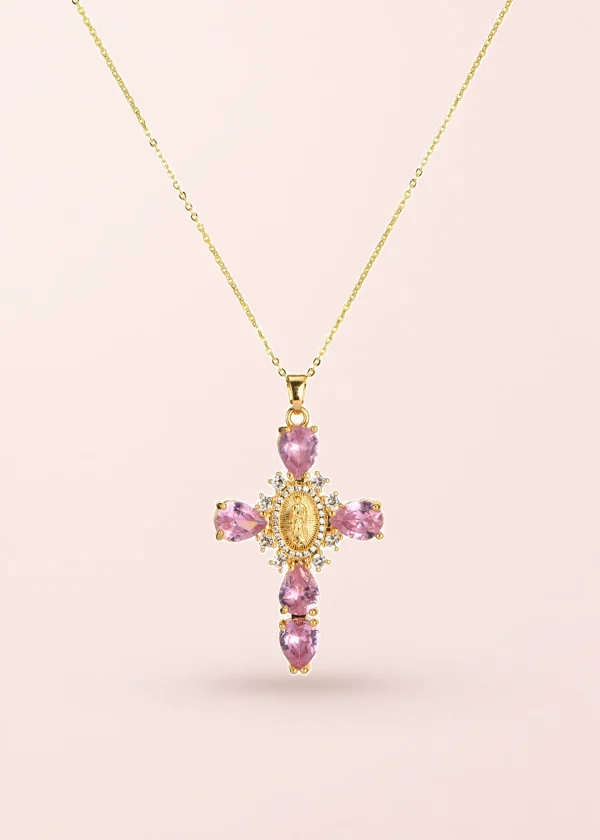 Luana Pink Cross Golden Necklace