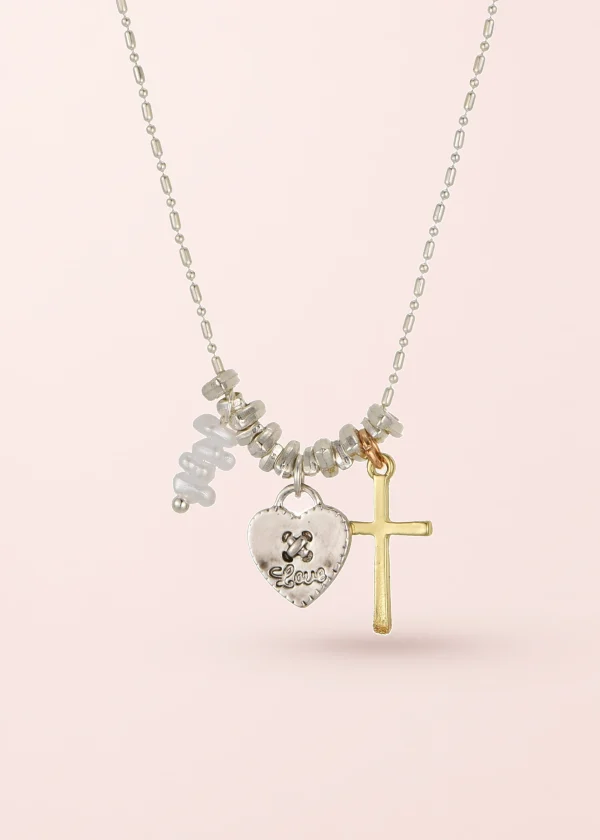 Mary Heart Cross Silver Necklace