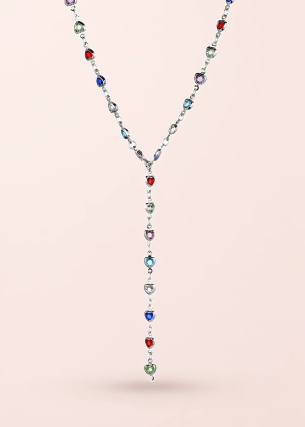 Michelle Colorful Hearts Silver XL Long Necklace