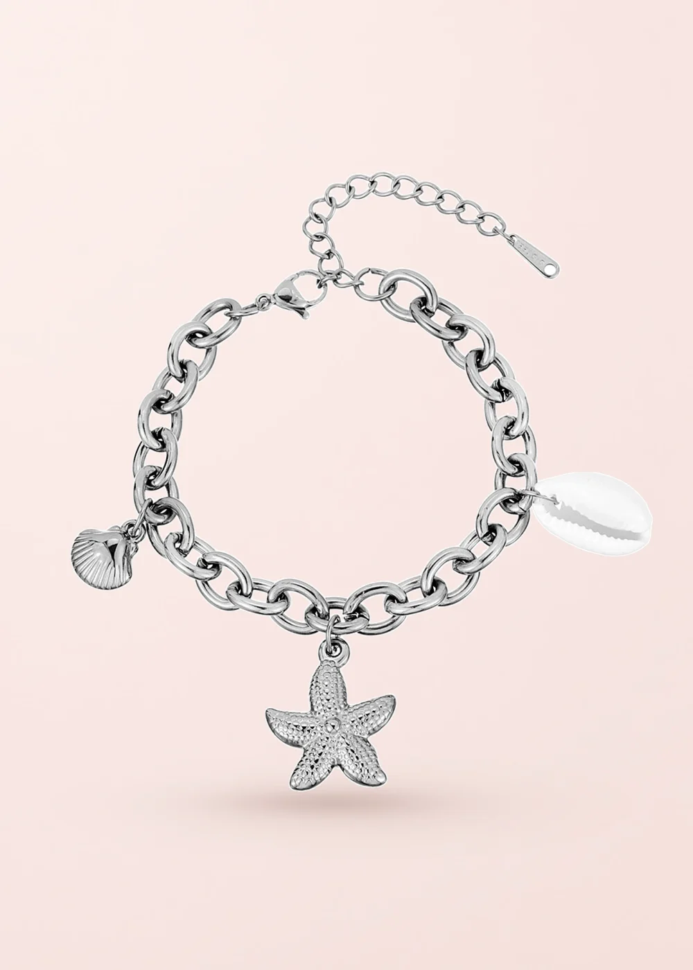Natalie Starfish Shell Silver Bracelet on a pink background