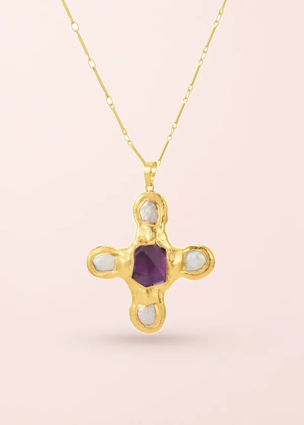 Paul Purple Crystal Shell Cross Golden Necklace