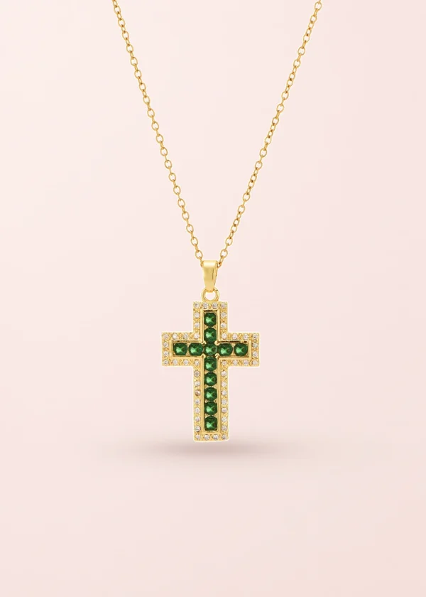 Raphaelle Glittering Cross Necklace - Green