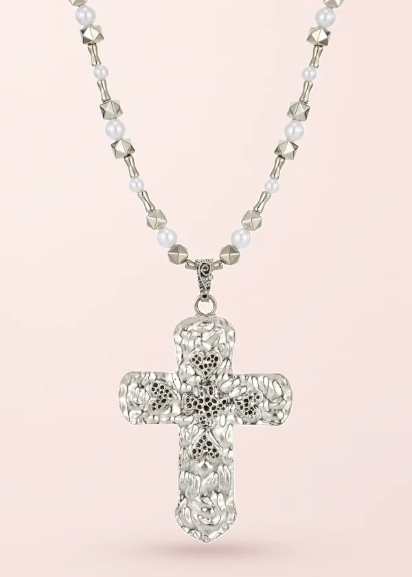 Ursula Large Cross Silver Long Necklace