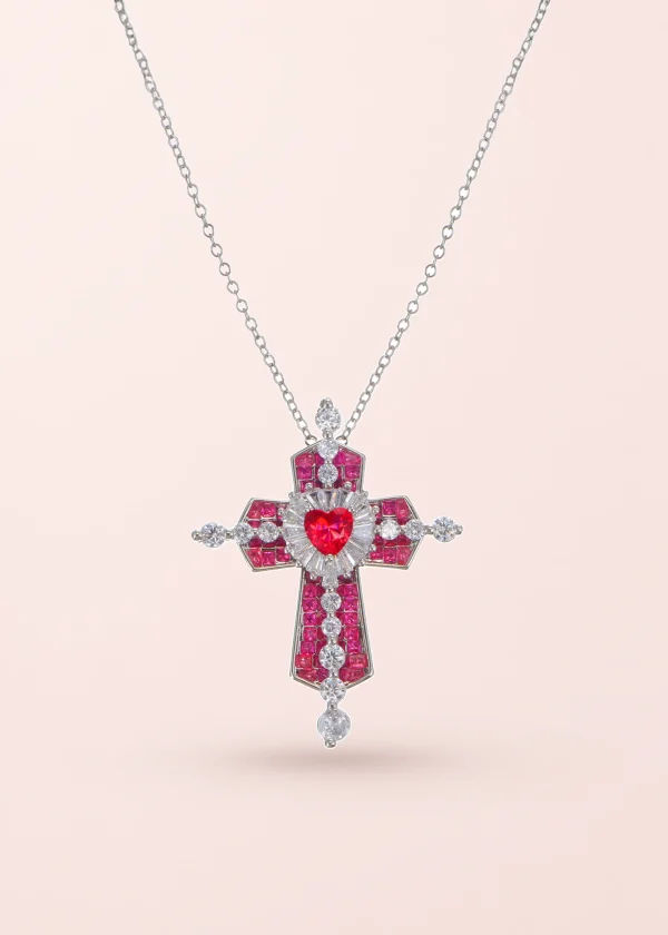 Trya Red Heart Cross Glitterling Necklace
