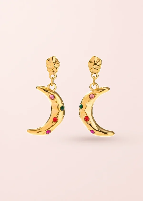 Maya – Ohrringe mit Mondmotiv und farbigem Naturstein in Goldoptik
