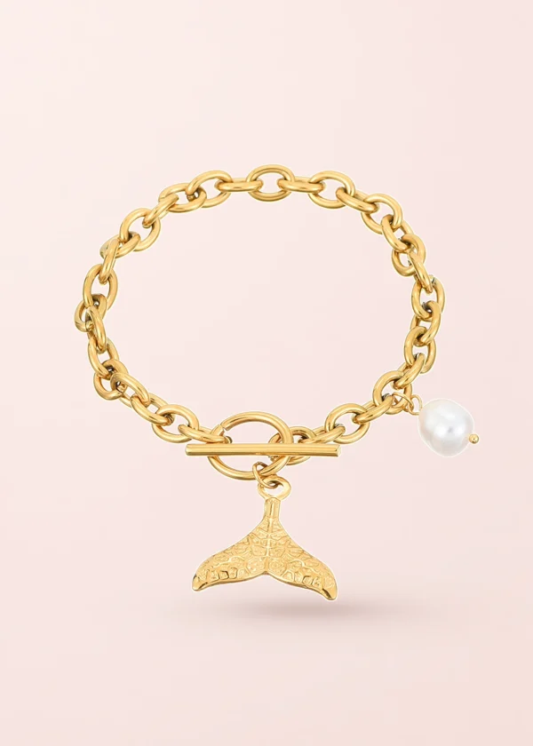 Mermaid Whale Tale Pearl Golden Bracelet