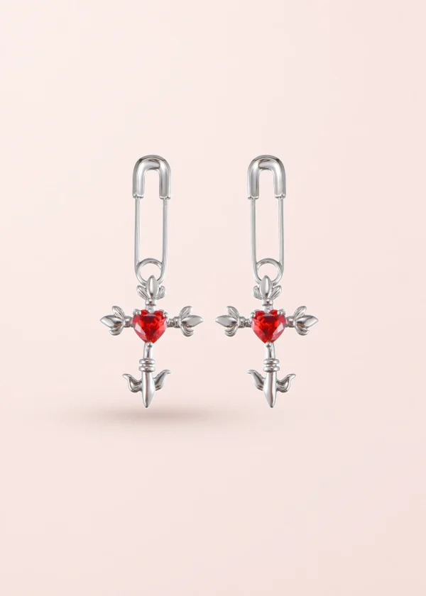 Red Crazy Love Cross Heart – Ohrringe mit Herz- und Kreuzmotiv in Silberoptik