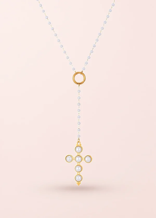 Marvin Pearl Cross Lariat Golden Necklace