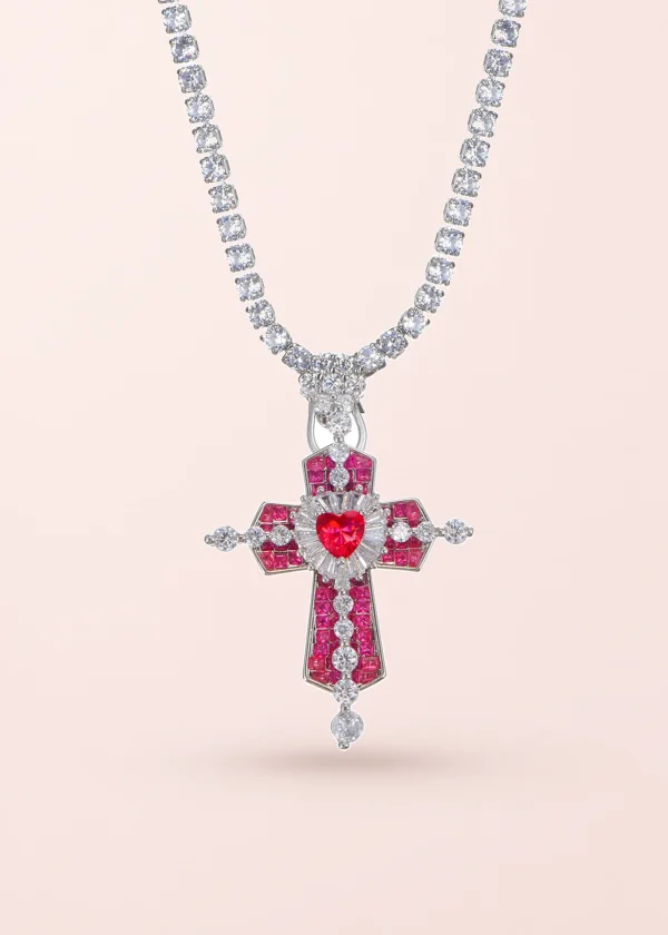 Trya Red Heart Cross Glitterling Necklace - Royal