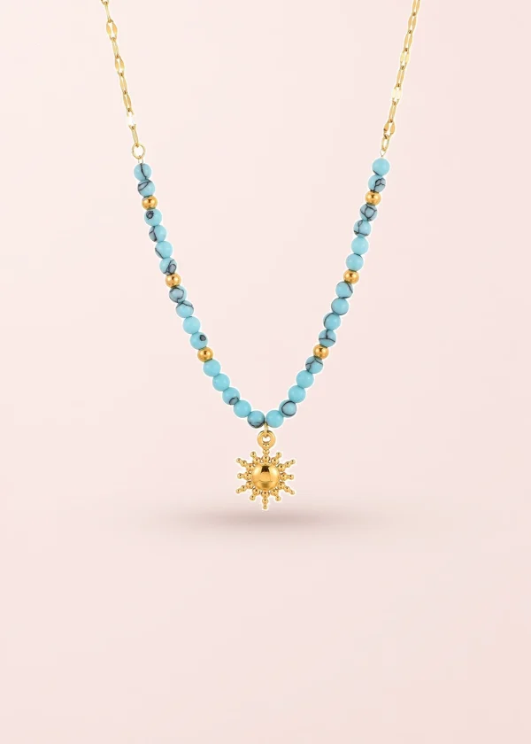 Sun In Blue Turquoise – Halskette mit Sonnenmotiv in Goldoptik
