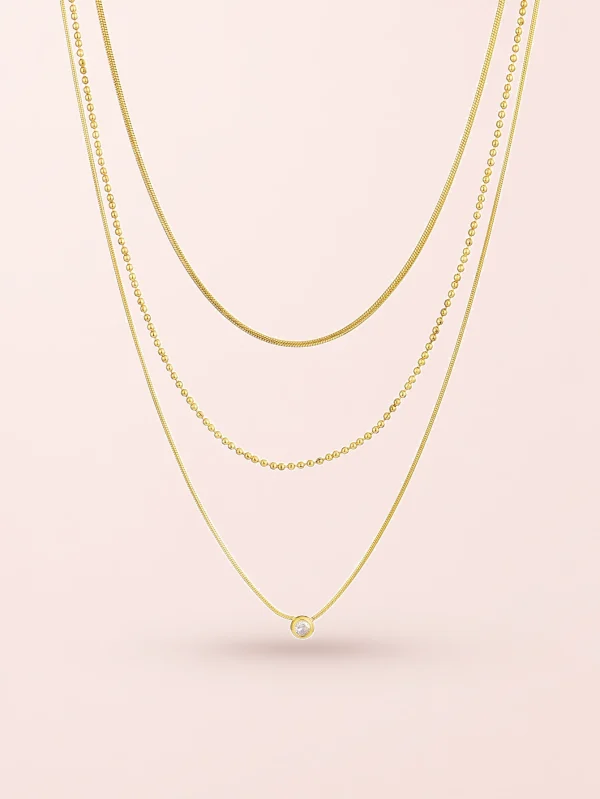 Diamond Trio-Layer – dreilagige Halskette mit Natursteinen in Goldoptik