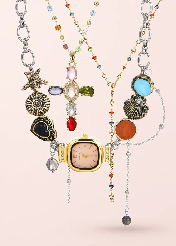 Guendalina & Geraldline – Schmuckset mit Kreuz, Herz und Uhrmotiv