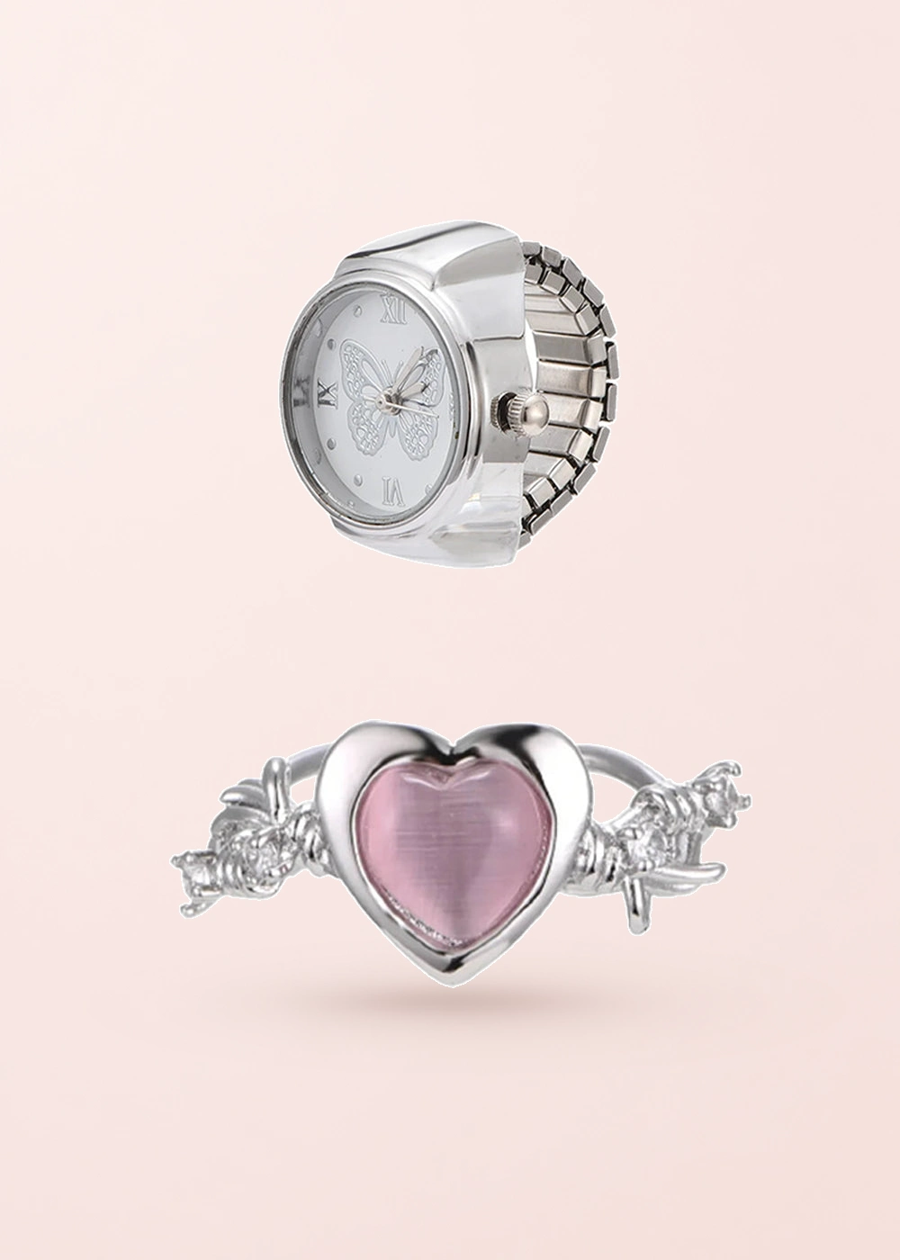 Midnight Watch & Cyberlove – Ring-Set mit Schmetterling, Herz und Uhrmotiv
