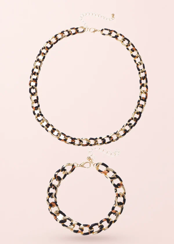 Leo Leopard – Halsketten- und Armband-Set mit Leopardenmuster in Goldoptik