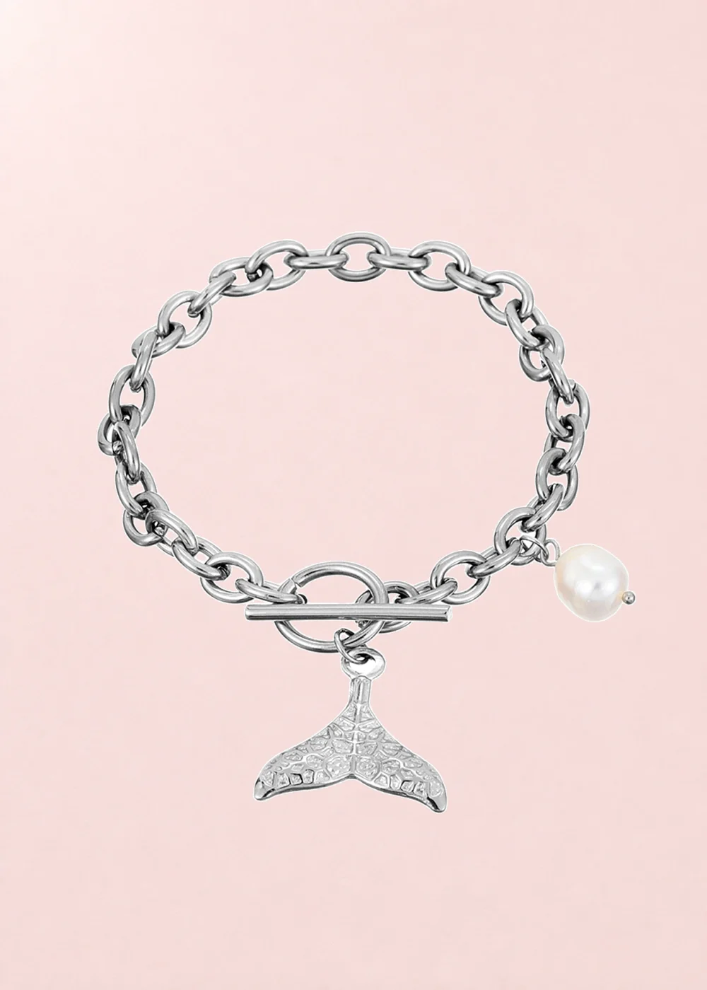 Mermaid Whale Tale Pearl Silver Bracelet product photo