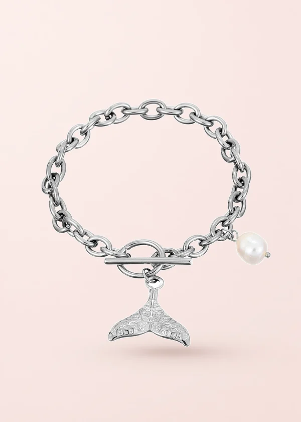 Mermaid Whale Tale Pearl Silver Bracelet
