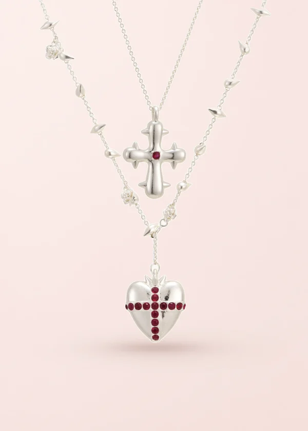 Blissful Seraphim – Halsketten-Set mit Herz und Kreuz in Silberoptik