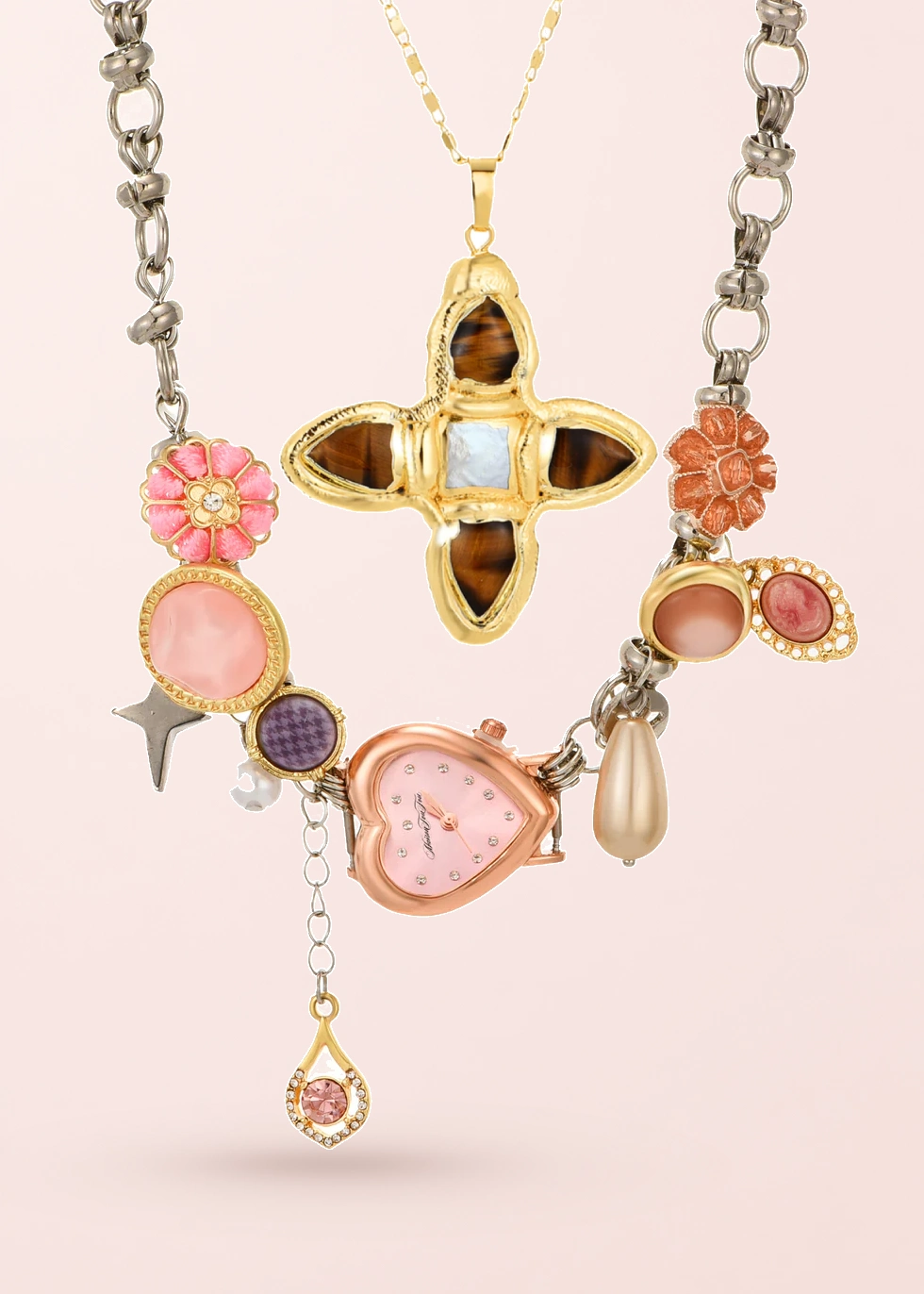 Anastasia & Lou – Schmuckset mit Kreuz, Muschel und Uhrmotiv