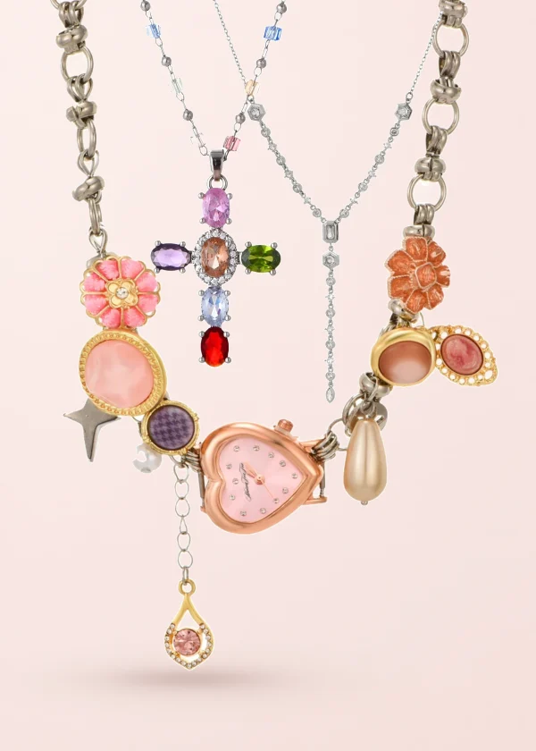 Anastasia & Geraldine – Schmuckset mit Kreuz, Uhrmotiv und Lariat-Kette