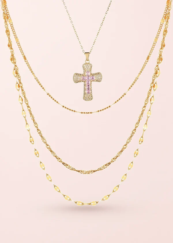 Fabrice Pink & Simple Trio – Schmuckset mit Kreuz und mehrlagigen Ketten