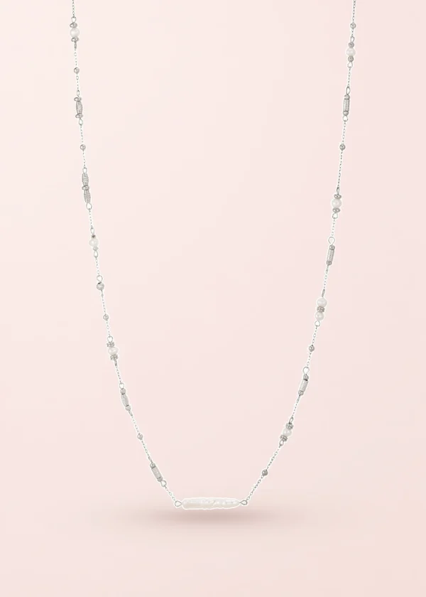 Boho Pearl Long Chain Silver Necklace