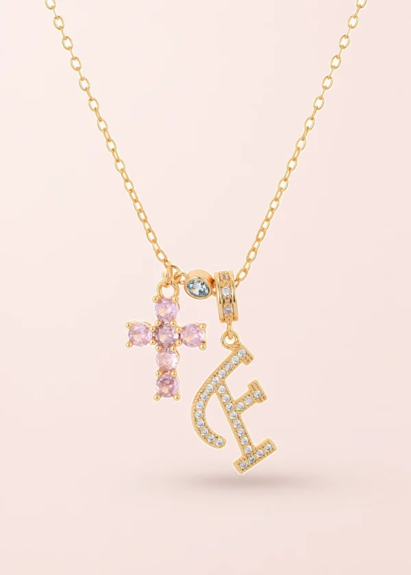 Pink Cross Alphabets Necklace - Golden