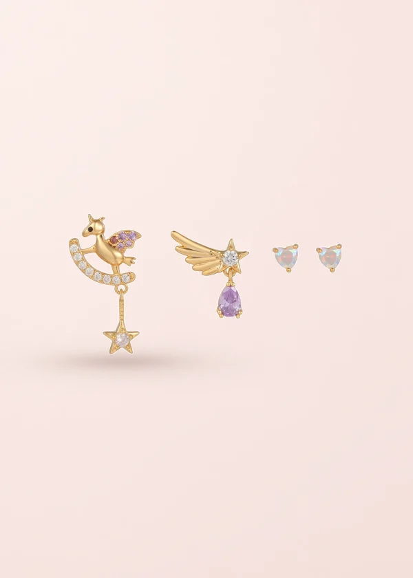 Petit Unicorn Wing – Ohrring-Set mit Herz, Einhorn und Flügeln in Goldoptik