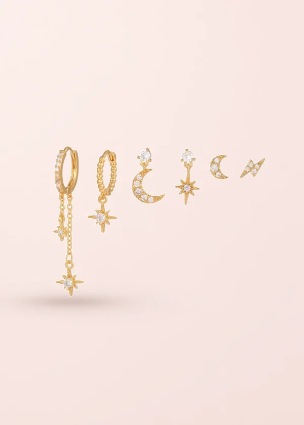 Petit Cosmos – Ohrring-Set mit Sternen, Mond und Creolenform