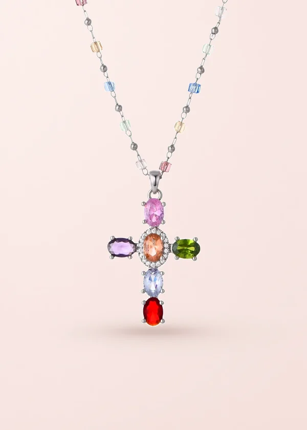 Geraldine Colorful Crystal Cross Silver Necklace