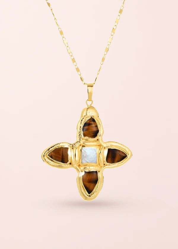 Lou Tiger's Eye Shell Cross Golden Necklace