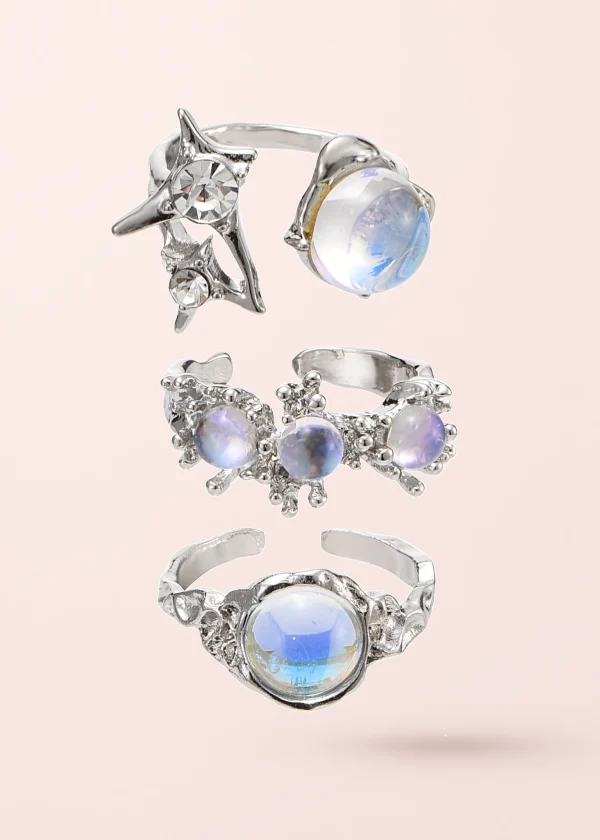 Trio Vic Moonstone – Ring-Set in Silberoptik mit Natursteinakzenten