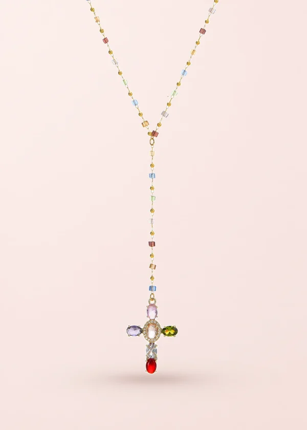 Geraldine Colorful Crystal Cross Lariat Necklace