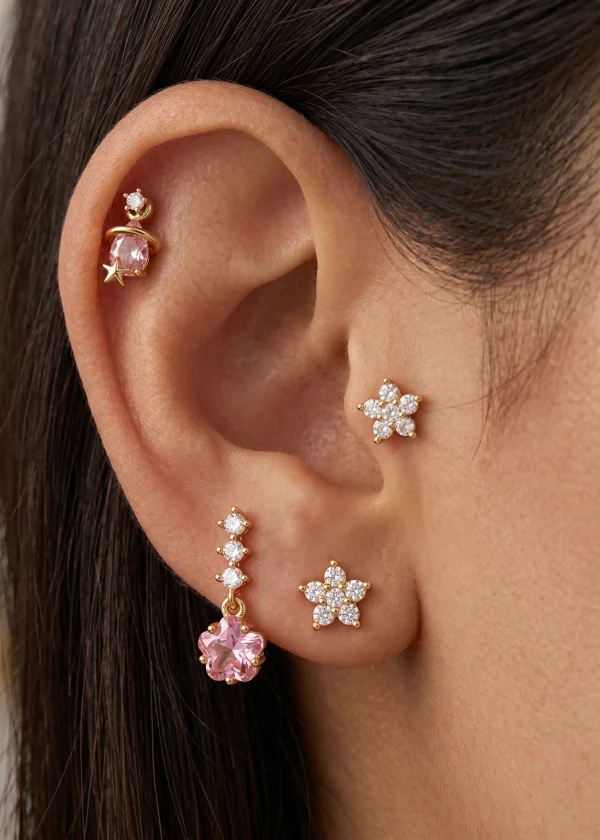 Petit Pauline Pink Stars – Ohrringe mit Sternen und rosa Akzenten in Goldoptik – weitere Ansicht